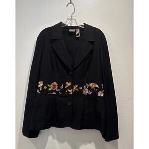 Vintage Bisou Bisou Women’s Size 16 Y2K Black Embroidered Floral Trim Blazer